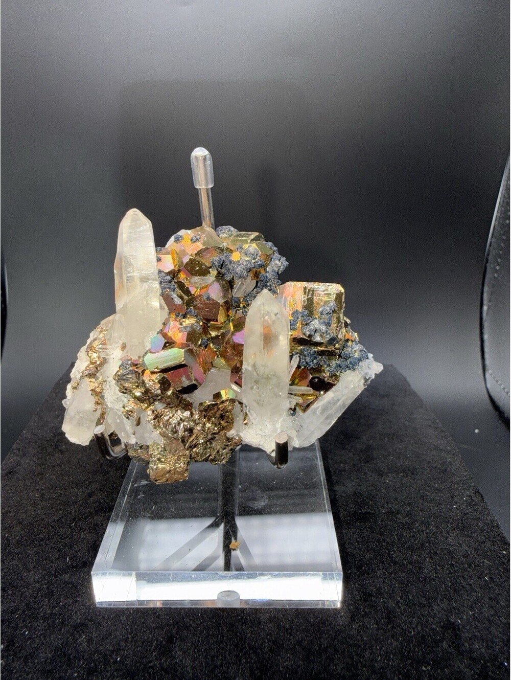 Naturally Iridescent Pyrite On Quartz, Indonesia, Rainbow Mineral Specimen